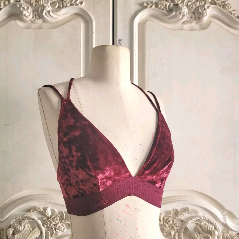 Pink Victoria's Secret Burgundy Crushed Velvet Bralette Strappy SZ S